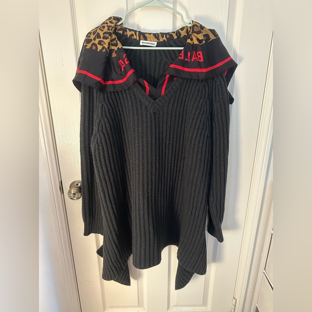 Balenciaga Black Knit Cardigan with Leopard Collar